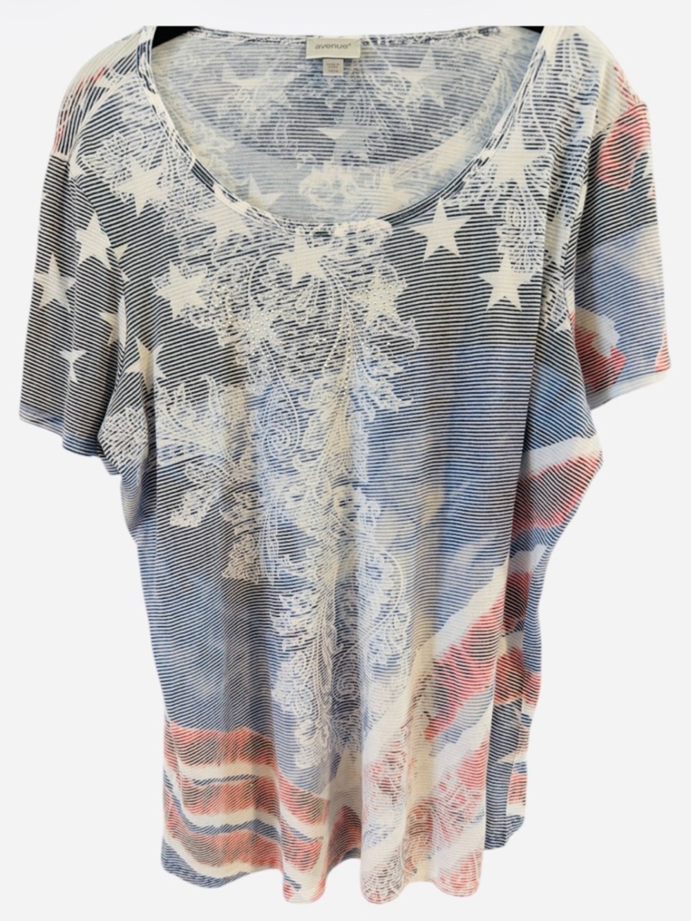 Avenue Patriotic Striped Rhinestone Heart Star Burnout Top Plus Size 14/16